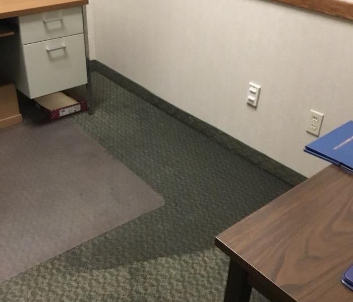 Office with desks with commercial water damage on the carpet 